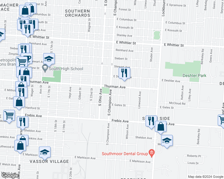 map of restaurants, bars, coffee shops, grocery stores, and more near 1308 South Champion Avenue in Columbus