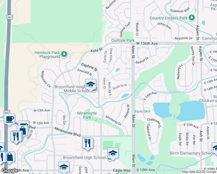 map of restaurants, bars, coffee shops, grocery stores, and more near 2 Ruth Road in Broomfield