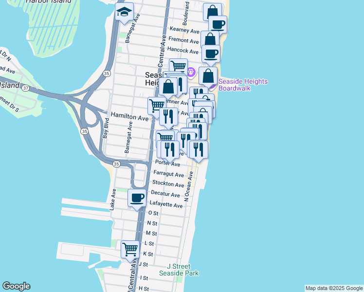 map of restaurants, bars, coffee shops, grocery stores, and more near 39 Franklin Avenue in Seaside Heights