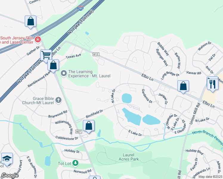 map of restaurants, bars, coffee shops, grocery stores, and more near 119A West Bluebell Lane in Mount Laurel Township