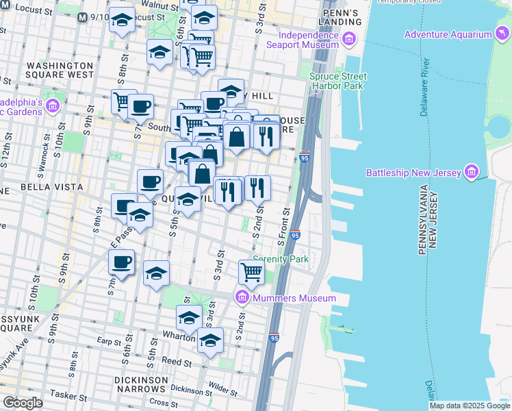 map of restaurants, bars, coffee shops, grocery stores, and more near 221 Fitzwater Street in Philadelphia