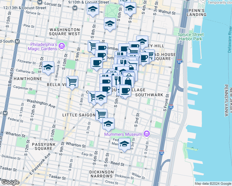 map of restaurants, bars, coffee shops, grocery stores, and more near in Philadelphia