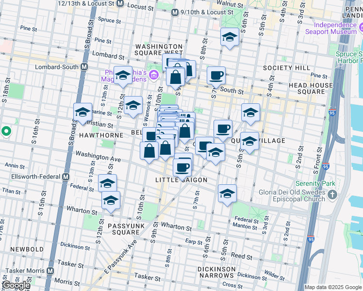 map of restaurants, bars, coffee shops, grocery stores, and more near 829 Christian Street in Philadelphia