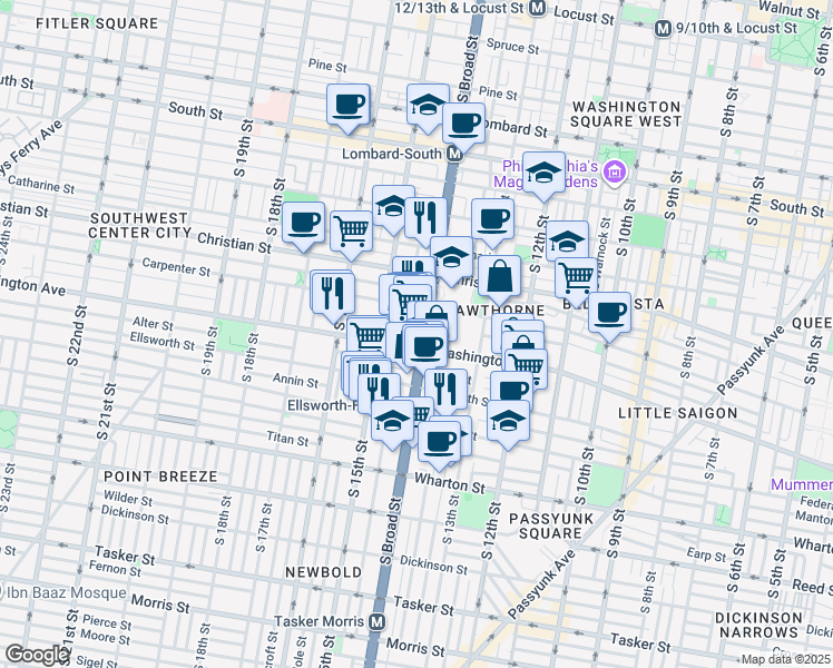 map of restaurants, bars, coffee shops, grocery stores, and more near 1420 Carpenter Street in Philadelphia