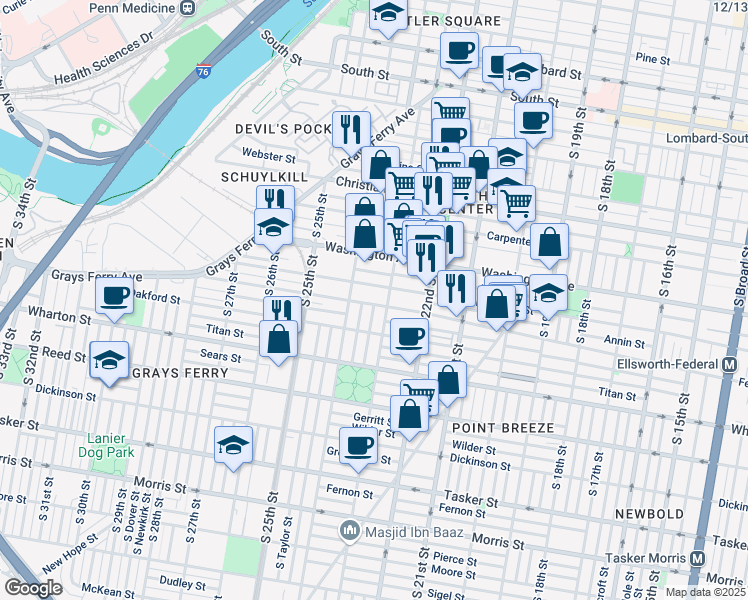 map of restaurants, bars, coffee shops, grocery stores, and more near 2340 Alter Street in Philadelphia