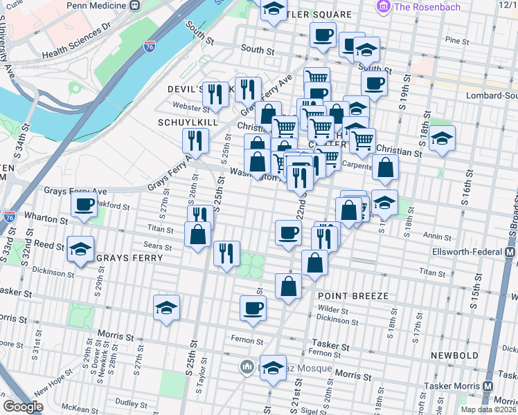map of restaurants, bars, coffee shops, grocery stores, and more near 2340 Alter Street in Philadelphia