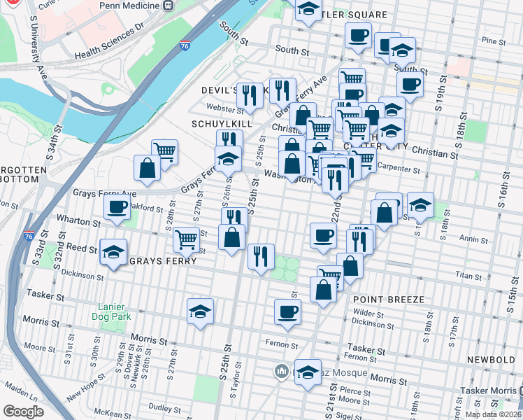 map of restaurants, bars, coffee shops, grocery stores, and more near 2400 Ellsworth Street in Philadelphia