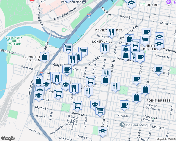 map of restaurants, bars, coffee shops, grocery stores, and more near 2719 Federal Street in Philadelphia