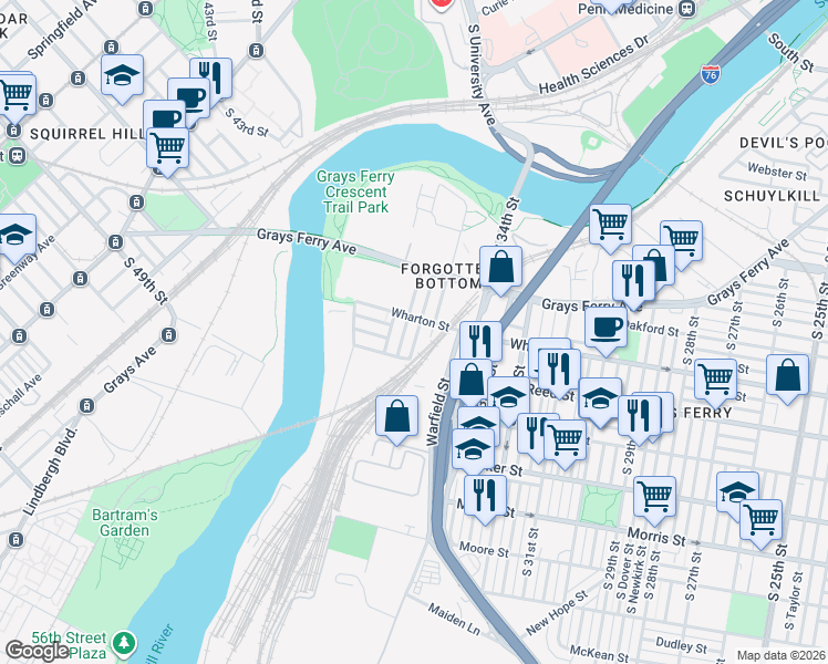 map of restaurants, bars, coffee shops, grocery stores, and more near 1253 Grove Street in Philadelphia