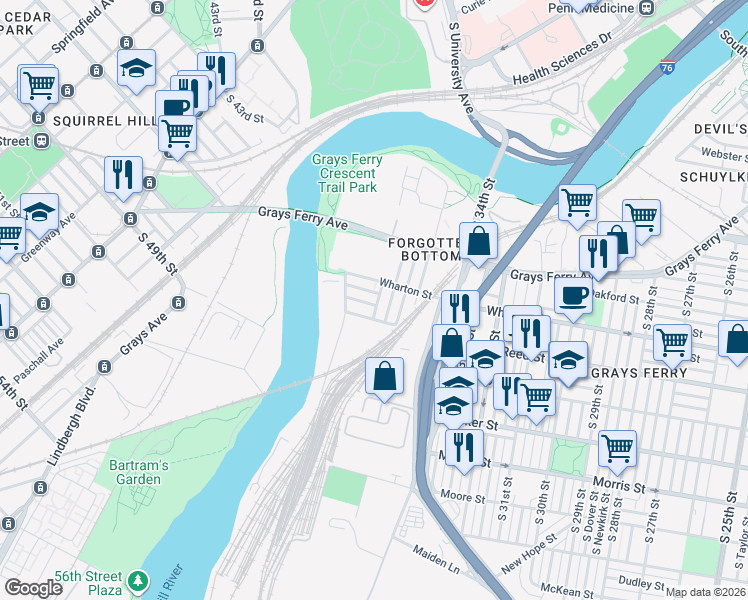 map of restaurants, bars, coffee shops, grocery stores, and more near 3624 Wharton Street in Philadelphia