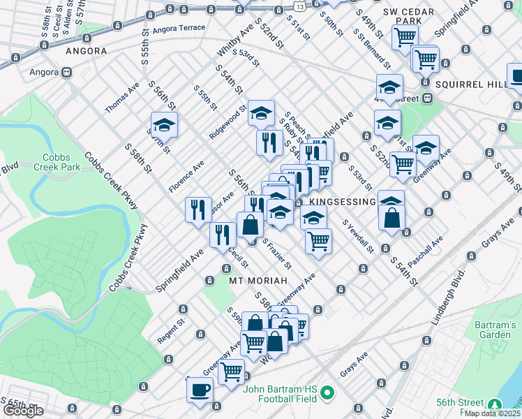 map of restaurants, bars, coffee shops, grocery stores, and more near 1400 South Allison Street in Philadelphia