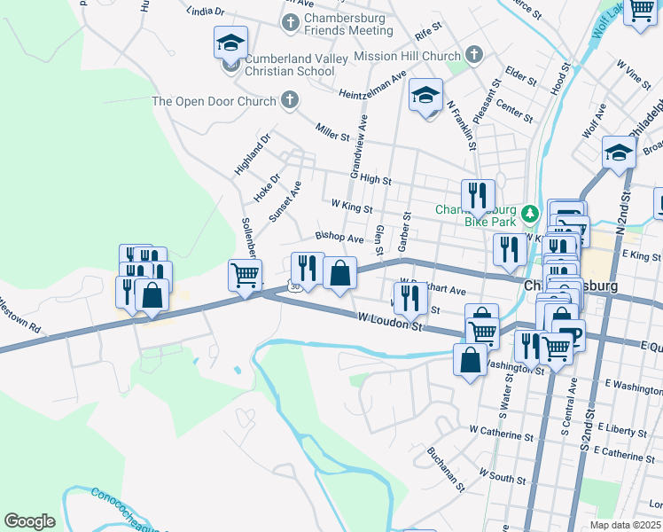 map of restaurants, bars, coffee shops, grocery stores, and more near 613 Lincoln Way West in Chambersburg