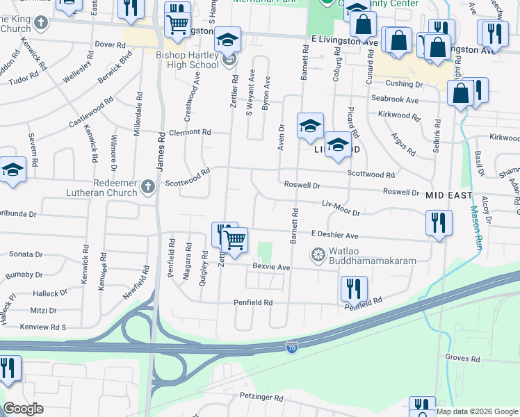 map of restaurants, bars, coffee shops, grocery stores, and more near 1595 Miltwood Road in Columbus