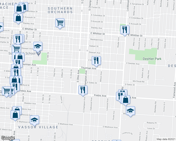 map of restaurants, bars, coffee shops, grocery stores, and more near 1269 South Champion Avenue in Columbus