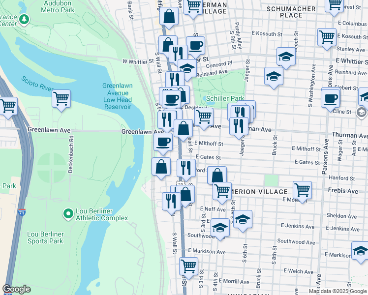 map of restaurants, bars, coffee shops, grocery stores, and more near 1111 South High Street in Columbus