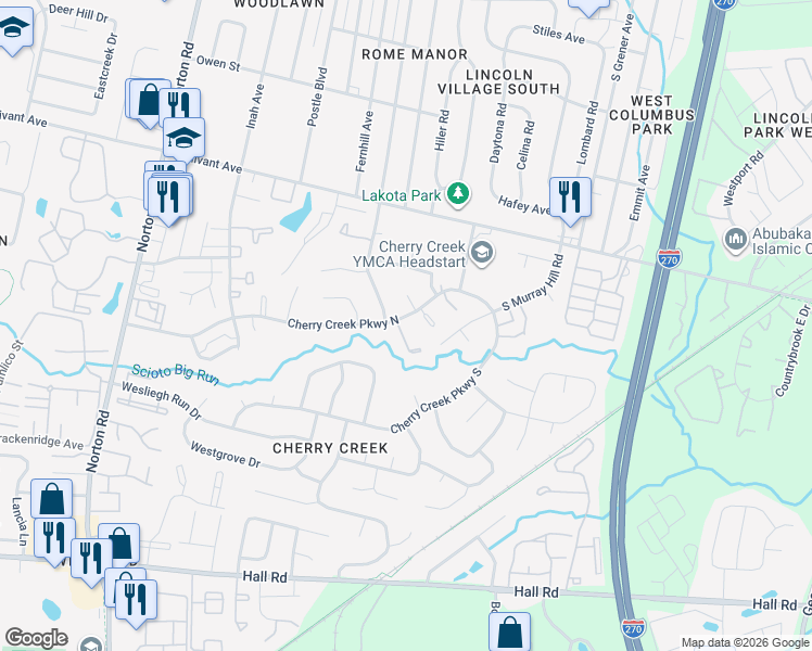 map of restaurants, bars, coffee shops, grocery stores, and more near 626 Evergreen Terrace in Columbus
