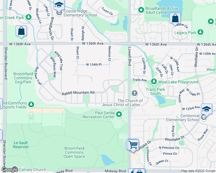 map of restaurants, bars, coffee shops, grocery stores, and more near 13353 Glacier Rim Trail in Broomfield