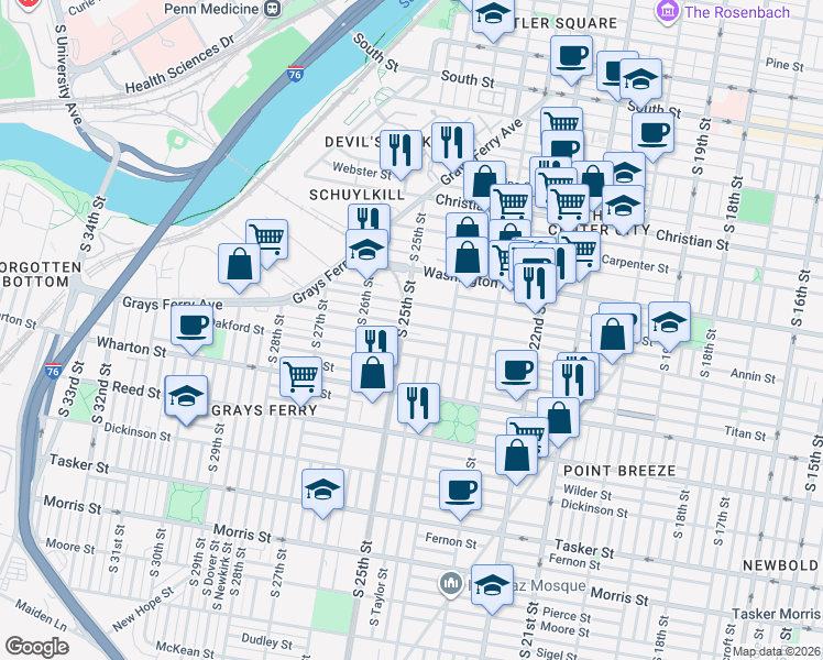 map of restaurants, bars, coffee shops, grocery stores, and more near 2400 Ellsworth Street in Philadelphia