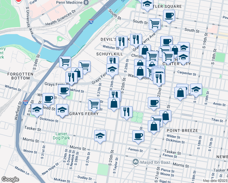map of restaurants, bars, coffee shops, grocery stores, and more near 2535 Manton Street in Philadelphia