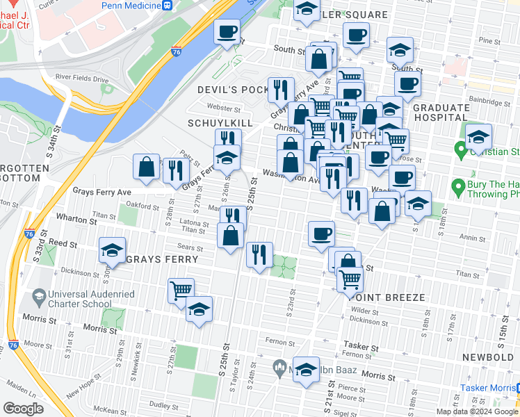 map of restaurants, bars, coffee shops, grocery stores, and more near 2438 Federal Street in Philadelphia
