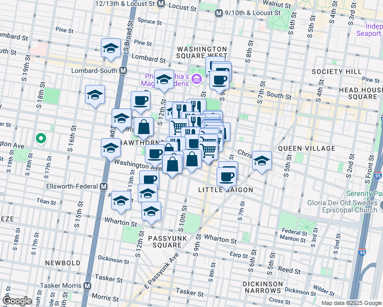 map of restaurants, bars, coffee shops, grocery stores, and more near 932 South 10th Street in Philadelphia