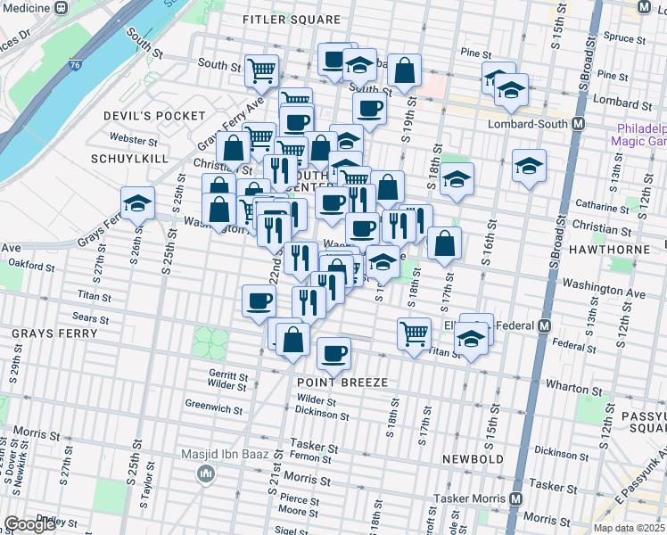 map of restaurants, bars, coffee shops, grocery stores, and more near 2019 Ellsworth Street in Philadelphia