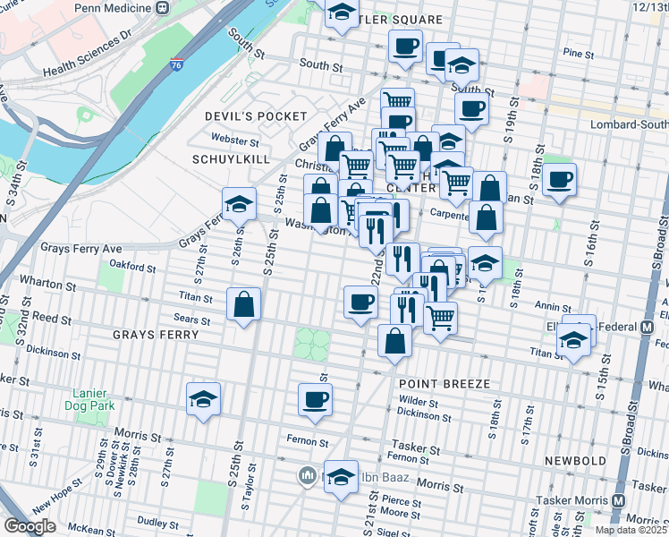 map of restaurants, bars, coffee shops, grocery stores, and more near 2303 Federal Street in Philadelphia