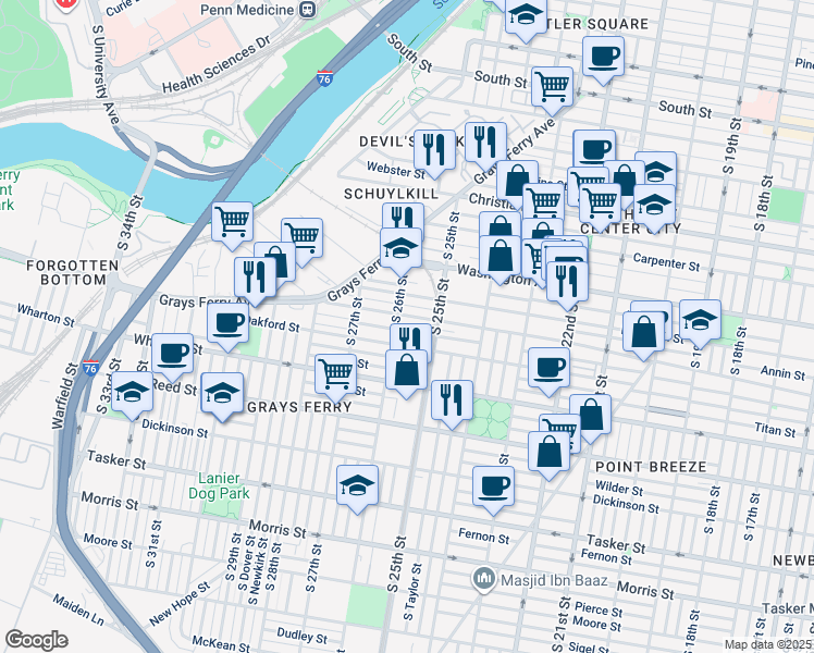map of restaurants, bars, coffee shops, grocery stores, and more near 2535 Manton Street in Philadelphia