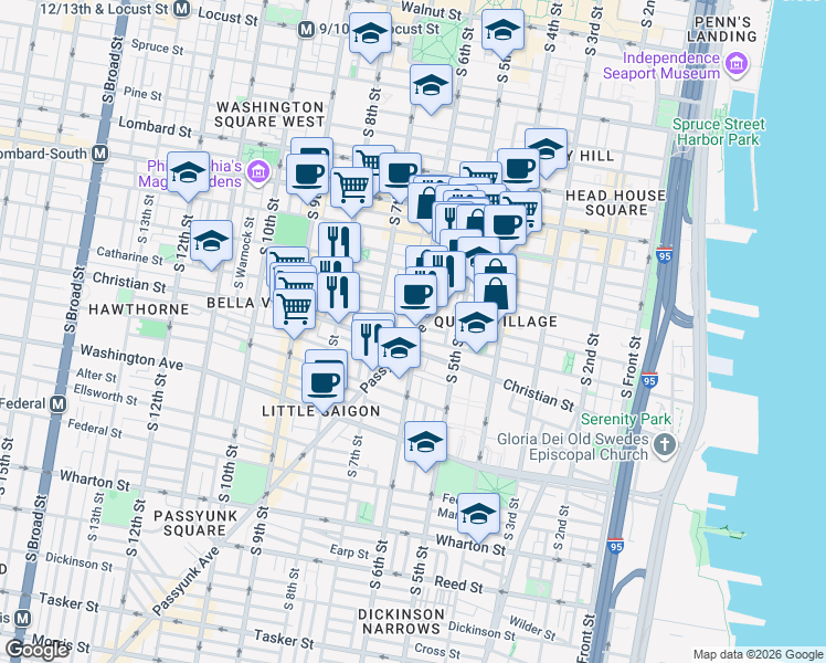 map of restaurants, bars, coffee shops, grocery stores, and more near 785 South 6th Street in Philadelphia