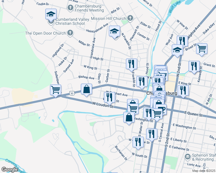 map of restaurants, bars, coffee shops, grocery stores, and more near 358 Lincoln Way West in Chambersburg