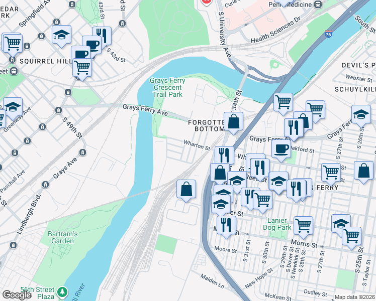 map of restaurants, bars, coffee shops, grocery stores, and more near 1253 Grove Street in Philadelphia