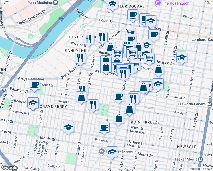 map of restaurants, bars, coffee shops, grocery stores, and more near 2340 Alter Street in Philadelphia