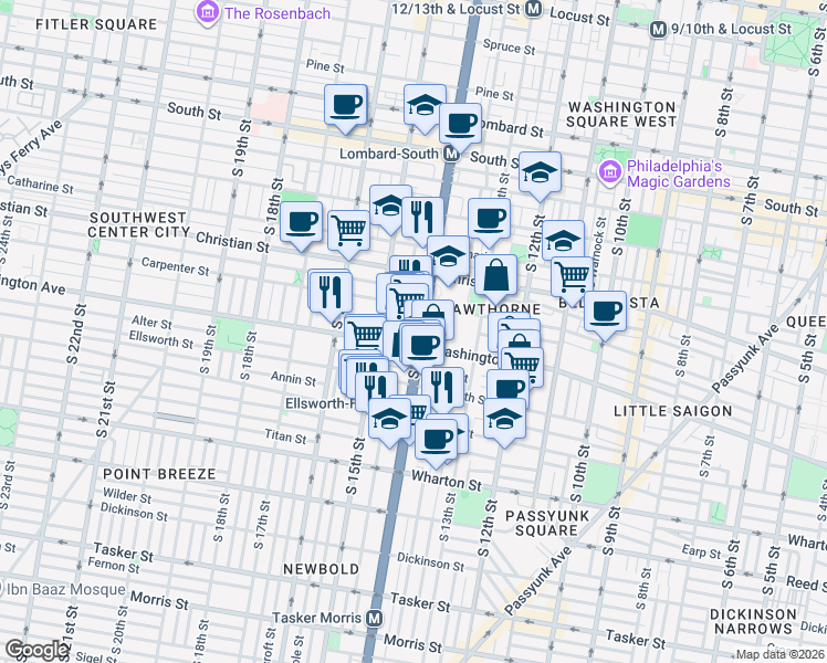 map of restaurants, bars, coffee shops, grocery stores, and more near 1420 Carpenter Street in Philadelphia