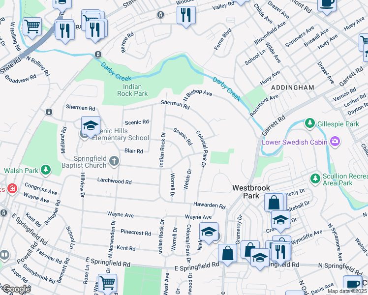 map of restaurants, bars, coffee shops, grocery stores, and more near 535 Claremont Road in Springfield