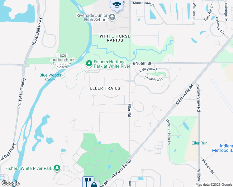 map of restaurants, bars, coffee shops, grocery stores, and more near 6115 Bristlecone Drive in Fishers
