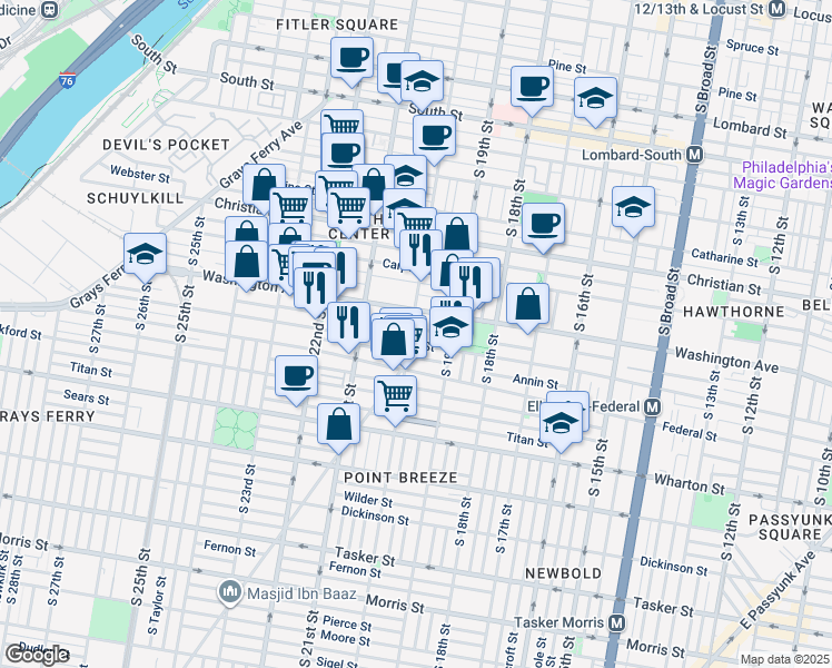 map of restaurants, bars, coffee shops, grocery stores, and more near 1121 South 20th Street in Philadelphia