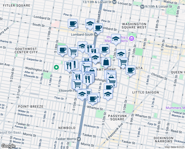 map of restaurants, bars, coffee shops, grocery stores, and more near 1420 Carpenter Street in Philadelphia