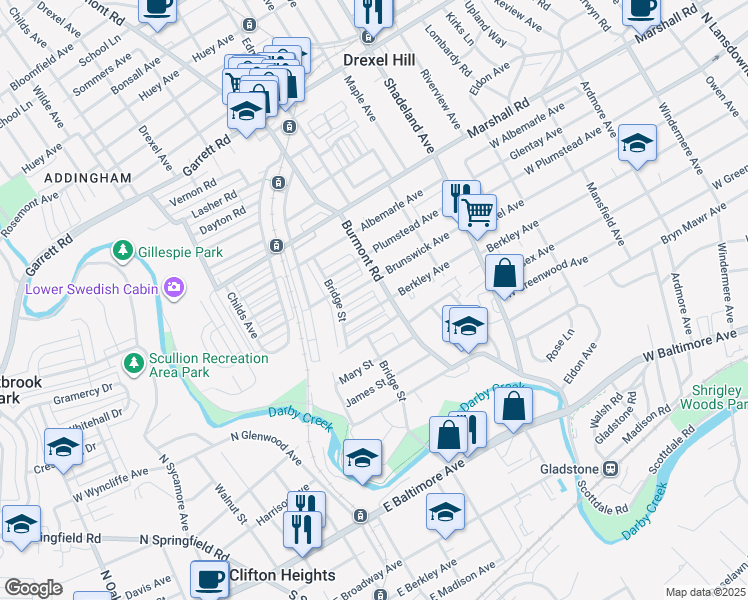 map of restaurants, bars, coffee shops, grocery stores, and more near 220 Burmont Road in Drexel Hill