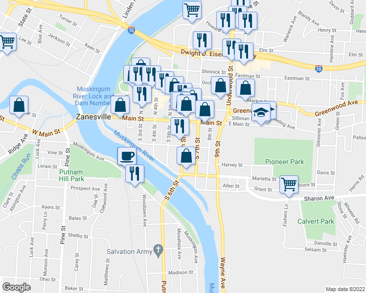 map of restaurants, bars, coffee shops, grocery stores, and more near South 6th Street in Zanesville