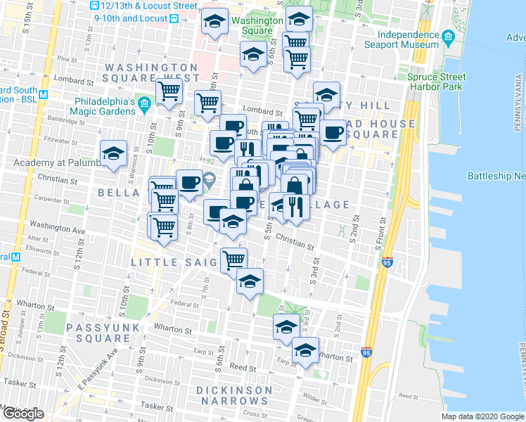 map of restaurants, bars, coffee shops, grocery stores, and more near 501 Kauffman Street in Philadelphia