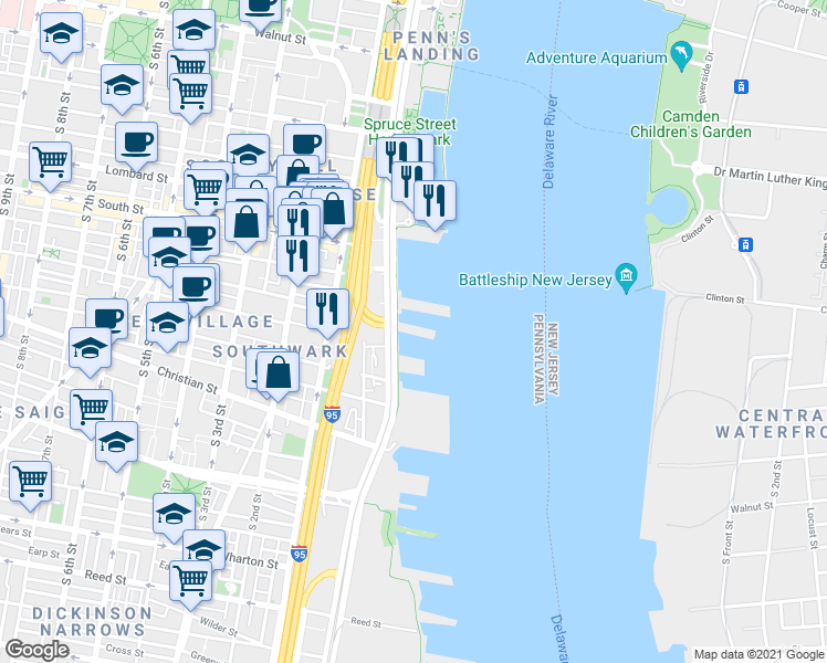 map of restaurants, bars, coffee shops, grocery stores, and more near 717 South Christopher Columbus Boulevard in Philadelphia