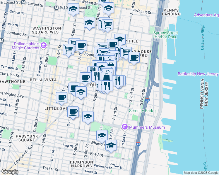 map of restaurants, bars, coffee shops, grocery stores, and more near 329 Catharine Street in Philadelphia