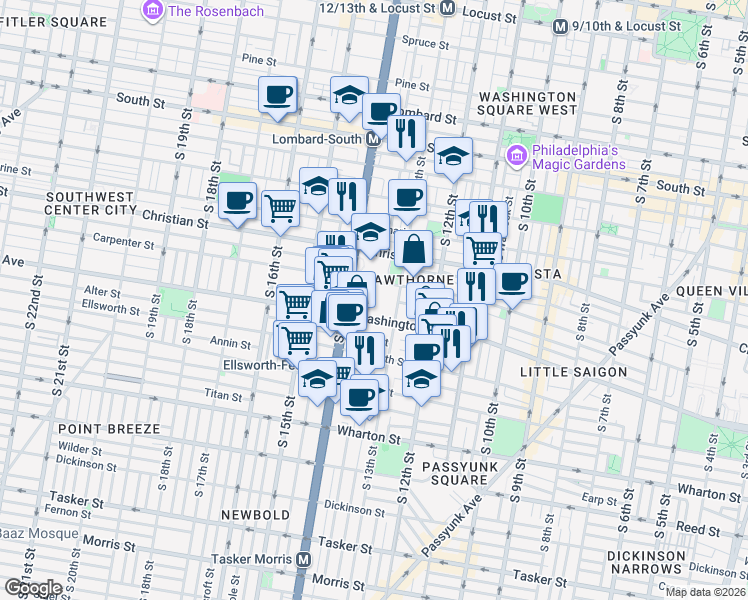 map of restaurants, bars, coffee shops, grocery stores, and more near 1001 South Broad Street in Philadelphia