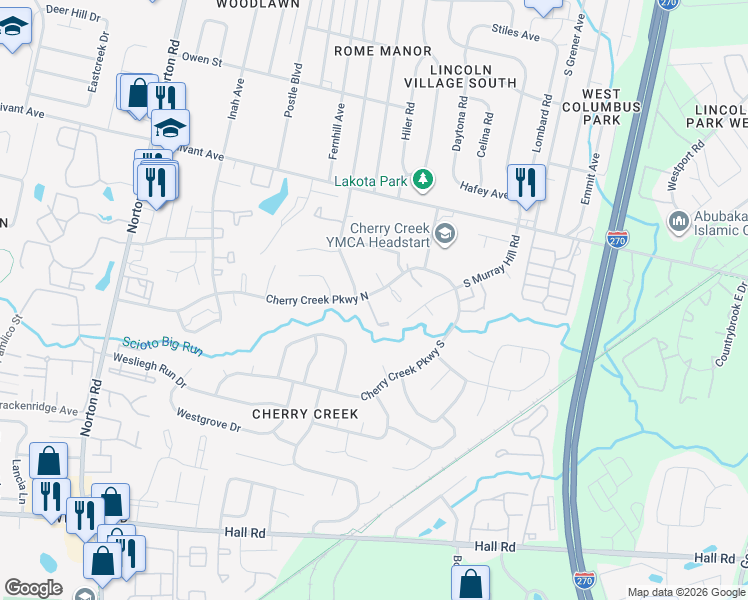 map of restaurants, bars, coffee shops, grocery stores, and more near 626 Evergreen Terrace in Columbus