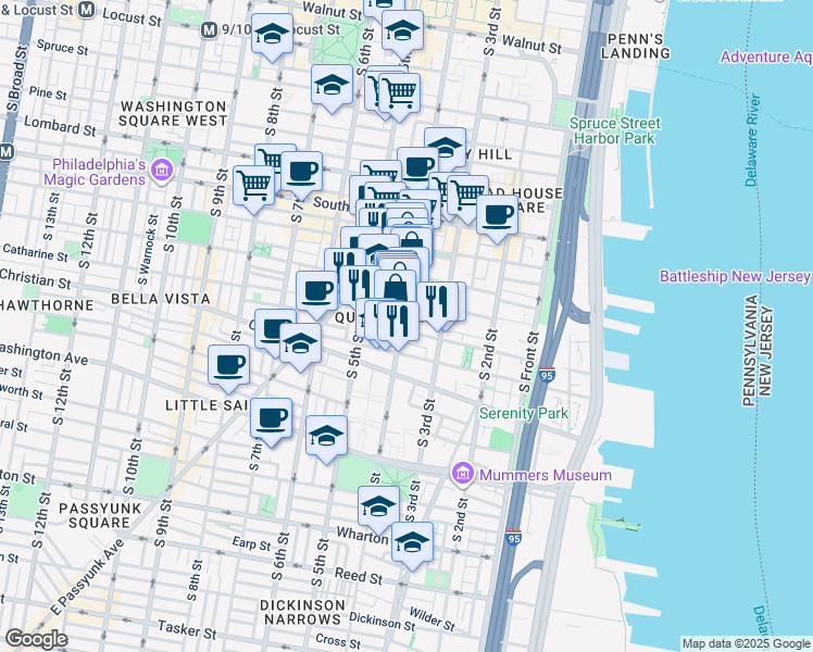 map of restaurants, bars, coffee shops, grocery stores, and more near 329 Catharine Street in Philadelphia