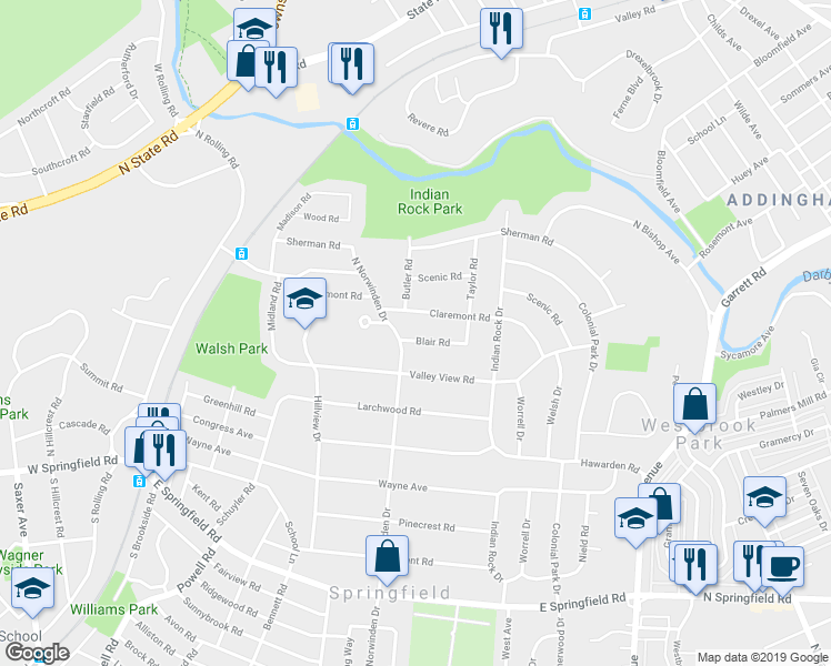 map of restaurants, bars, coffee shops, grocery stores, and more near 409 Blair Road in Springfield