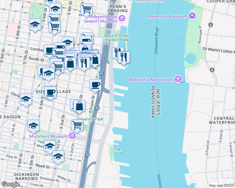 map of restaurants, bars, coffee shops, grocery stores, and more near 1215 South Christopher Columbus Boulevard in Philadelphia