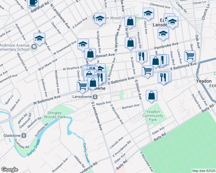 map of restaurants, bars, coffee shops, grocery stores, and more near 55 East Baltimore Avenue in Lansdowne