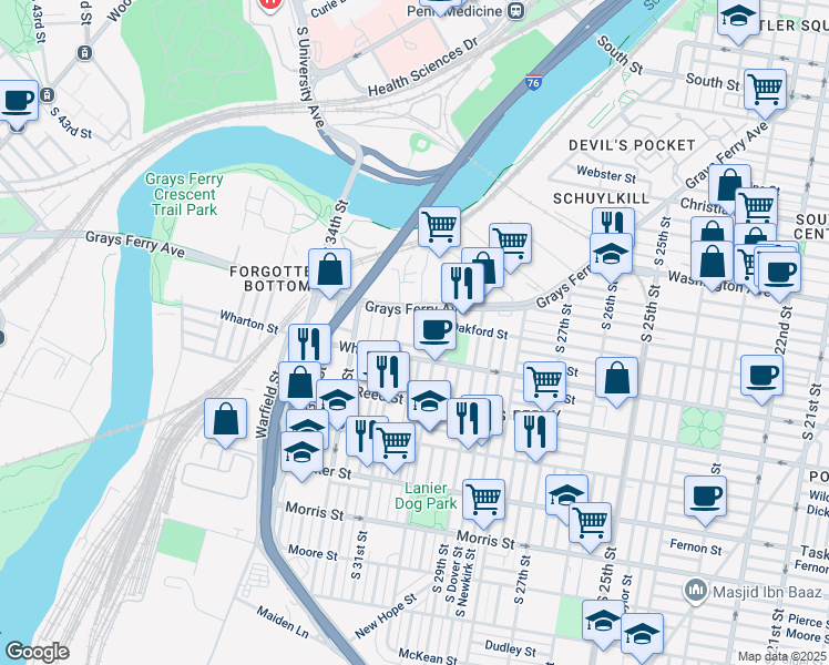 map of restaurants, bars, coffee shops, grocery stores, and more near 3000 Grays Ferry Avenue in Philadelphia
