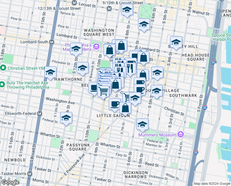 map of restaurants, bars, coffee shops, grocery stores, and more near 906 South 8th Street in Philadelphia